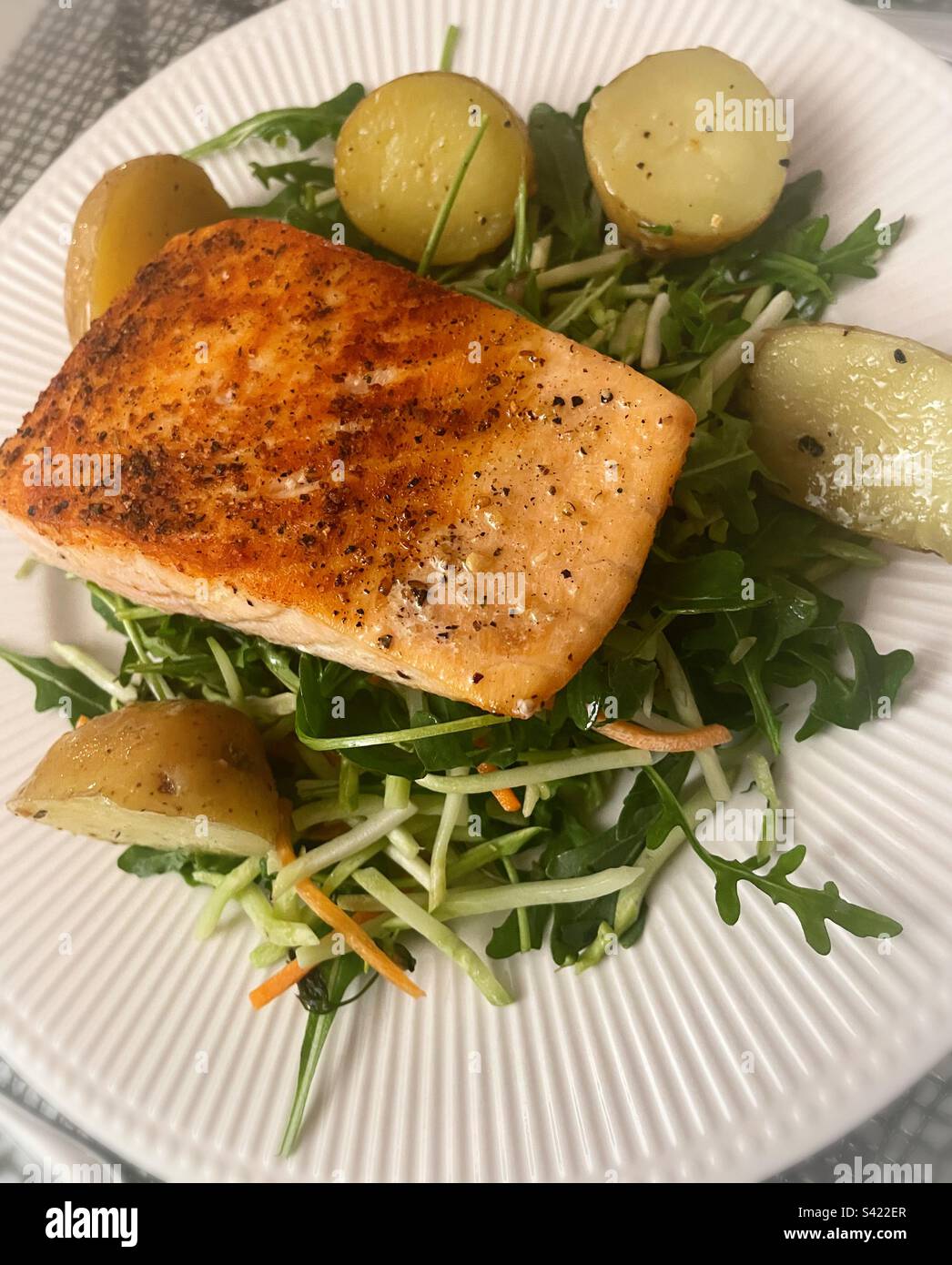 Close Up of Grilled Salmon and New Potato Entree,  USA - Smartphone Captured Stock Image