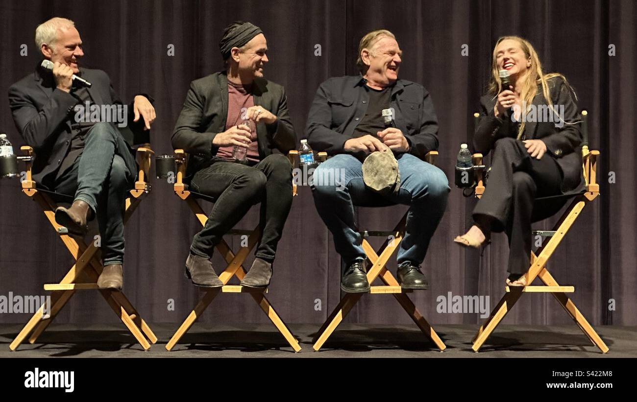 Banshees of Inisherin Q&A: Martin McDonagh (writer and director), Colin Farrell (Pádraic Súilleabháin), Brendan Gleeson (Colm Doherty), and Kerry Condon (Siobhán Súilleabháin). Stock Photo