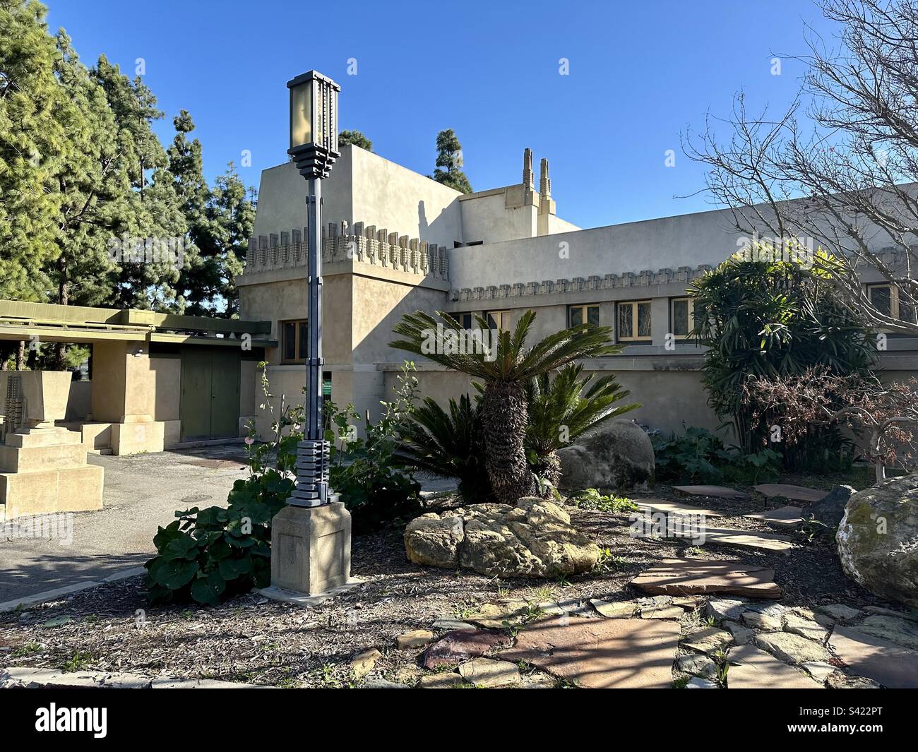 The Hollyhock House, designed by Frank Lloyd Wright, is the centerpiece of Barnsdall Art Park in