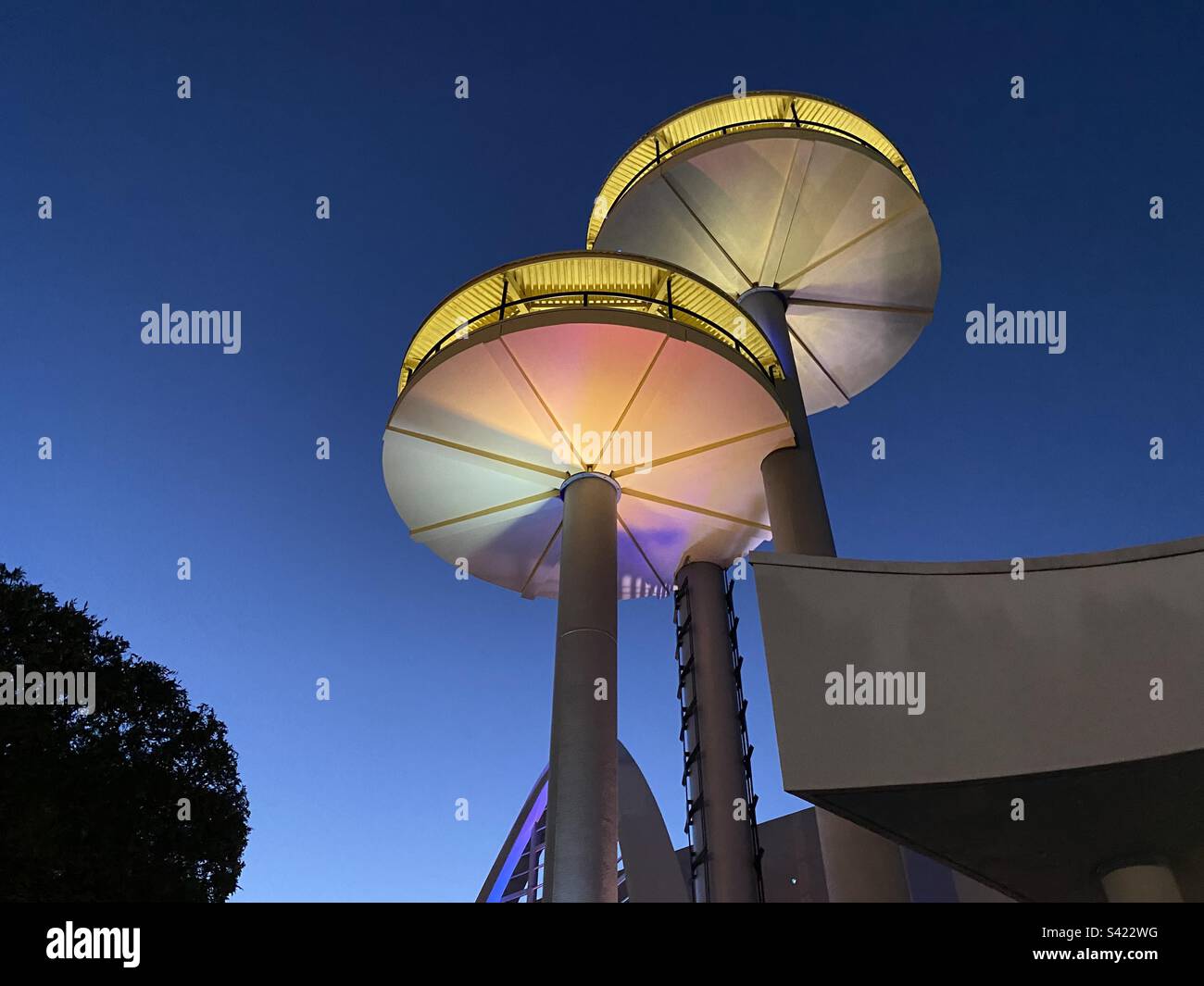 Street lamps that look like space ships Stock Photo