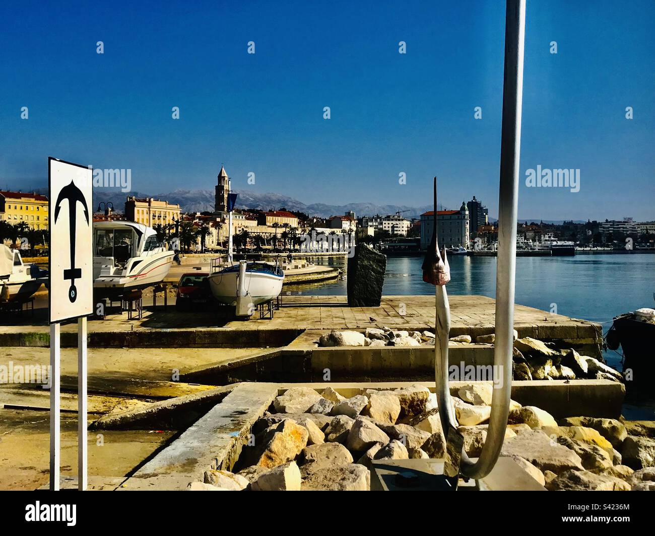 A head of a marlin on a sculpture of a hook in fishermen port of Matejuska in Split, Croatia - Smartphone Captured Stock Image