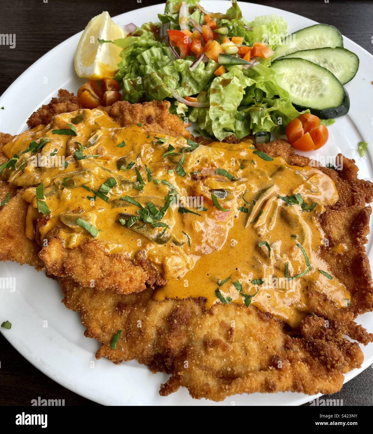 Paprika Schnitzel with green salad Stock Photo - Alamy