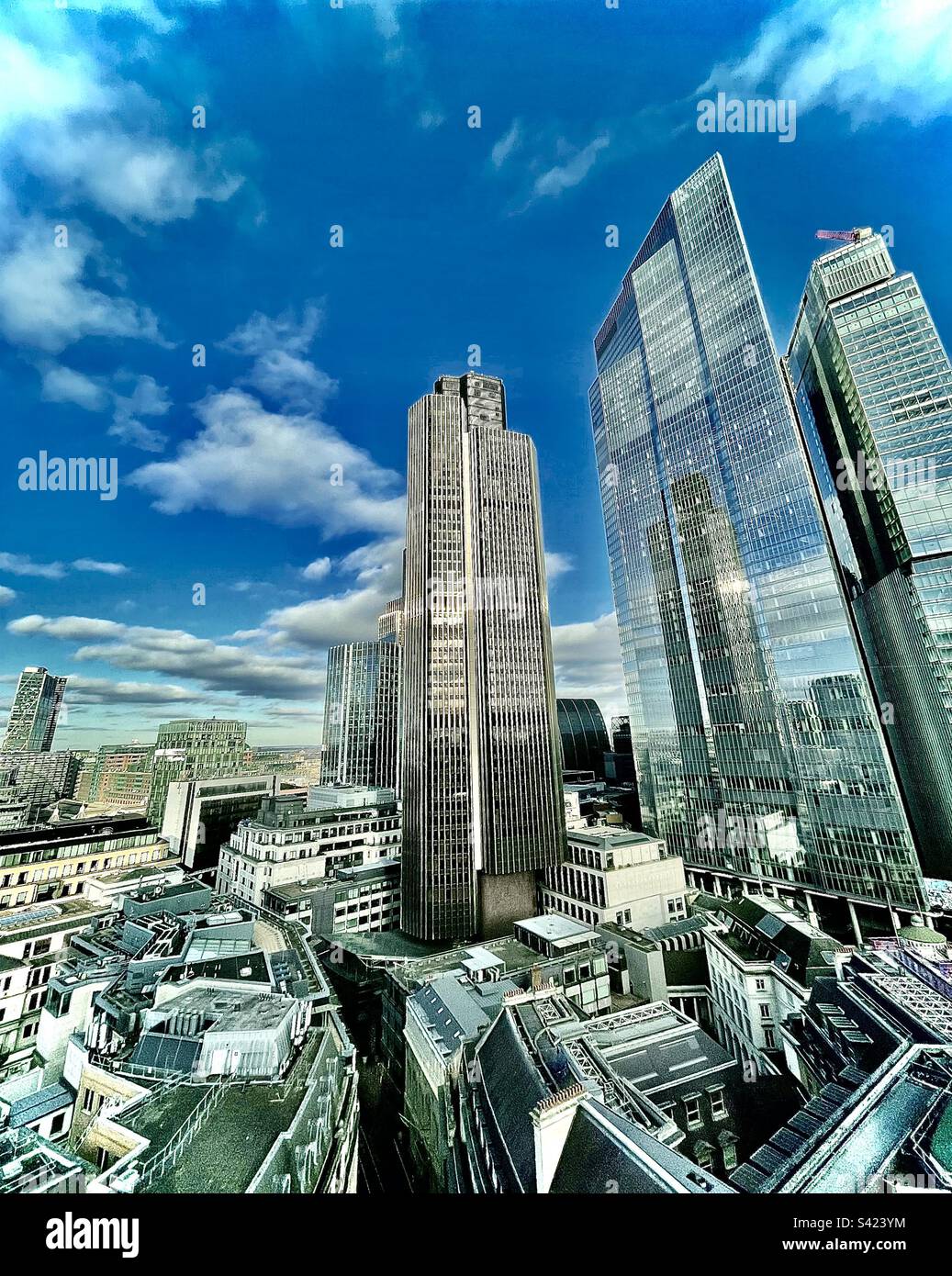 View of Tower 42 and 22 Bishopsgate buildings on a sunny day in the City of London, England Stock Photo
