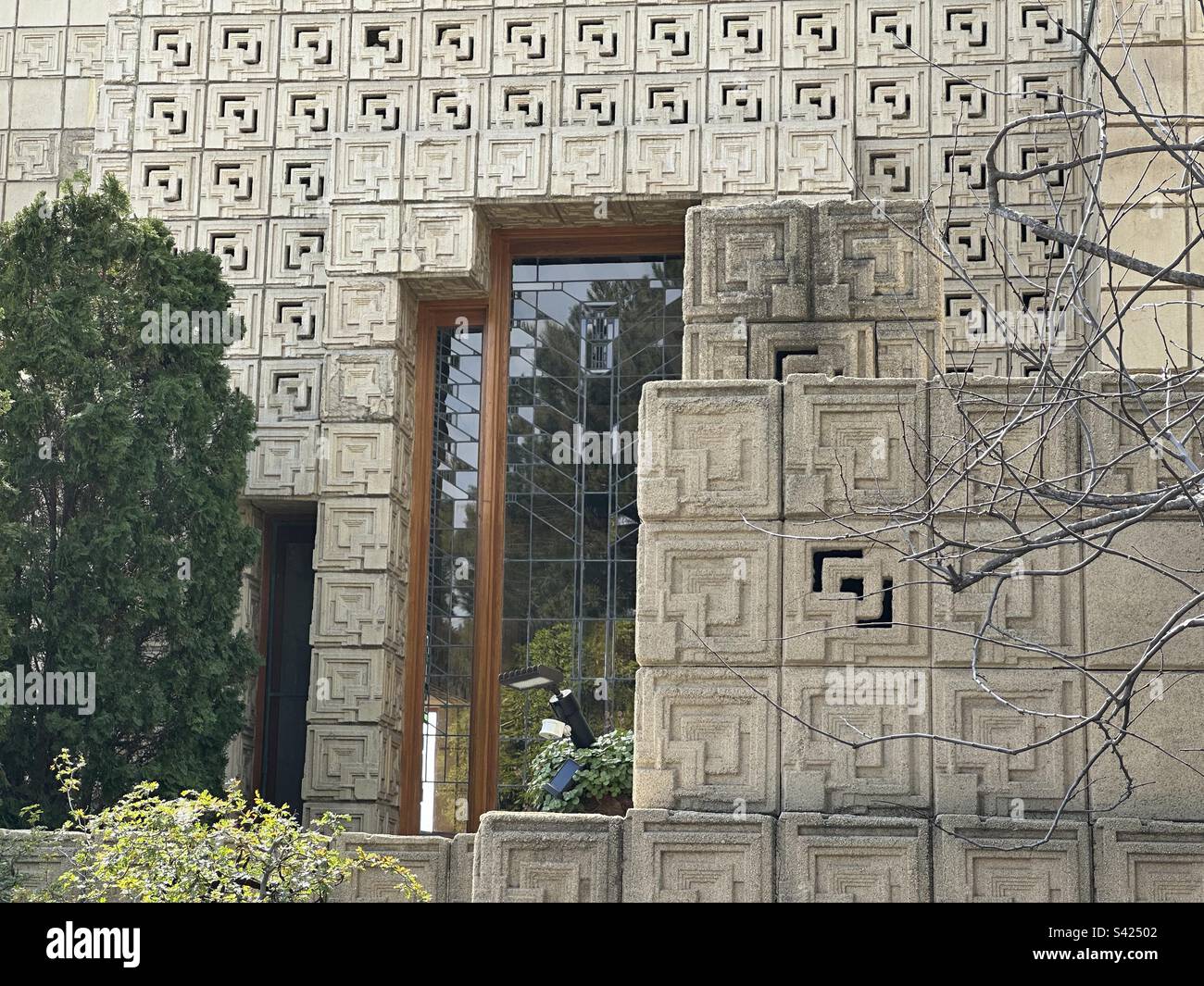 Architectural detail of the Ennis House in Los Feliz, Los Angeles