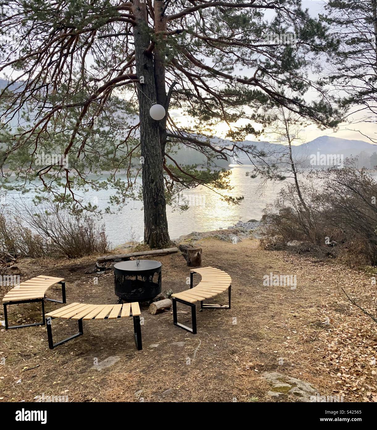 A place for a bonfire under a tree with benches by the Katun River in the morning against the background of mountains - Smartphone Captured Stock Image