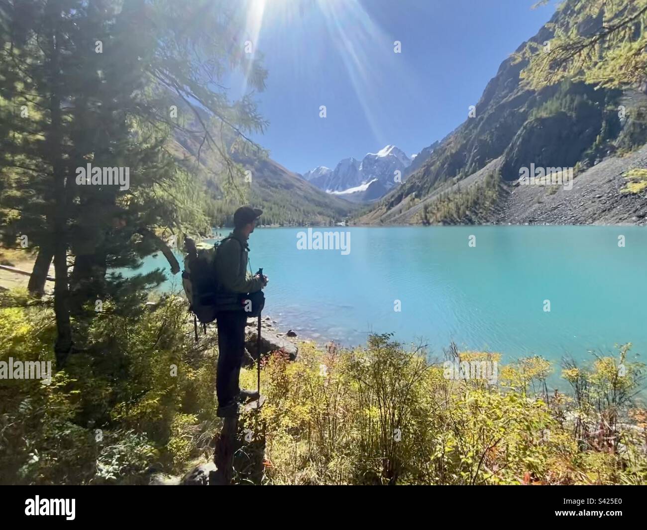 A male tourist with a backpack is standing under a tree near a turquoise lake with mountains, glaciers and sunlight. - Smartphone Captured Stock Image