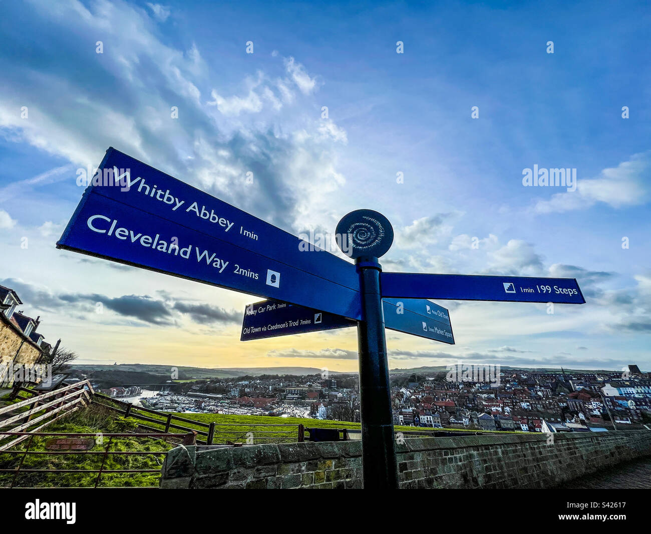 Whitby Abbey and 199 steps sign in Whitby North Yorkshire Stock Photo