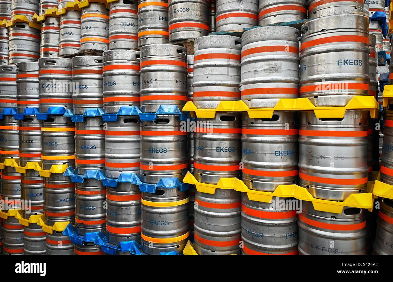 ‘The last keg’ beer kegs stacked up, ready to be transported to their destination. Stock Photo