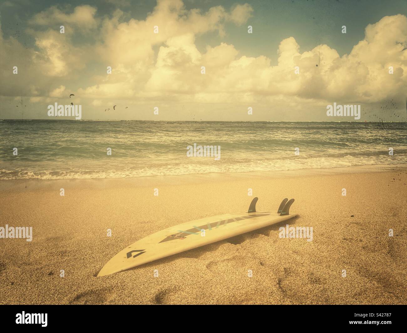 Surfboard on sandy beach - Smartphone Captured Stock Image