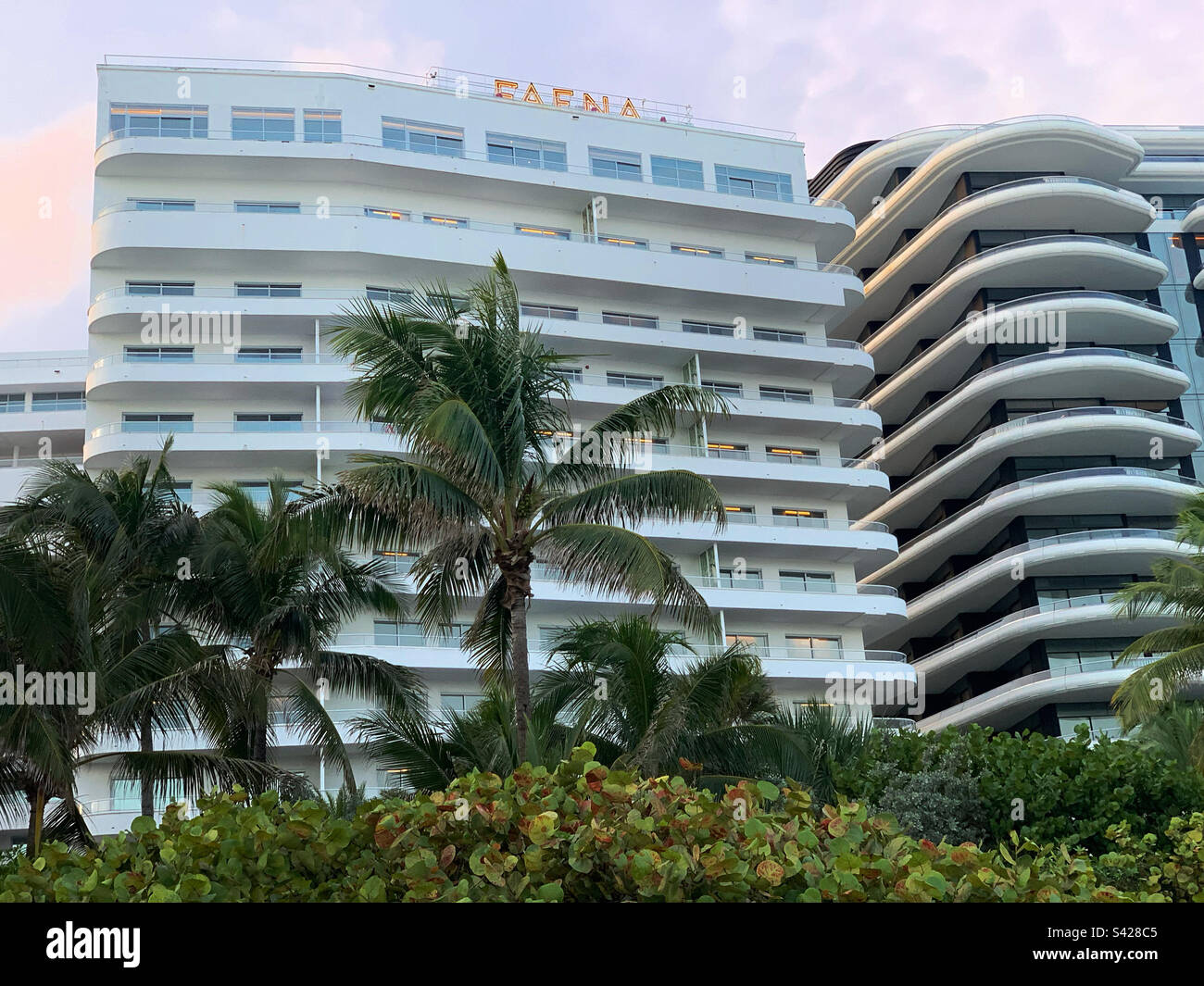 October, 2022, Sunset view of Faena Hotel Miami Beach from the beach, Miami Beach, Florida, United States Stock Photo