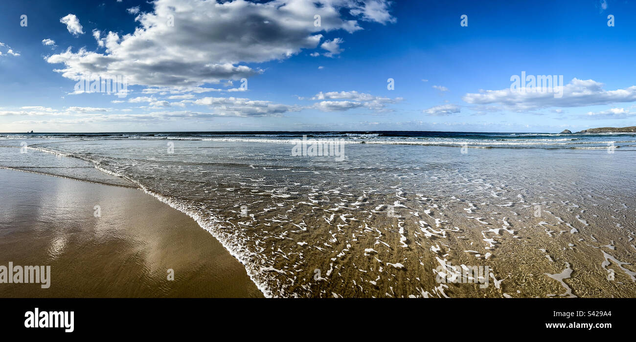 Panoramic view of Perranporth Beach, Perranporth,Cornwall, UK on a winters day Stock Photo