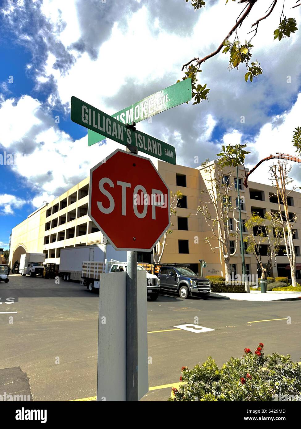 The intersection of Gilligan’s Island Road and Gunsmoke Avenue at CBS Studio Center (a.k.a. Radford Studio Center, and CBS Radford) in the Studio City district of Los Angeles, California. Stock Photo