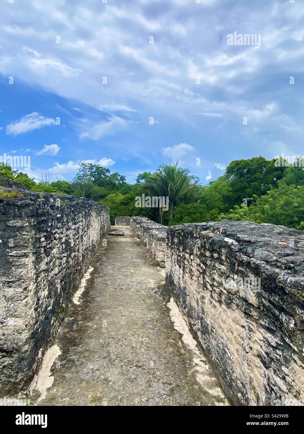 Beautiful view on a pathway of a terrace of El Castillo Mayan Ruin at Xunantunich Archaeological Reserve, Cayo District, Belize Stock Photo