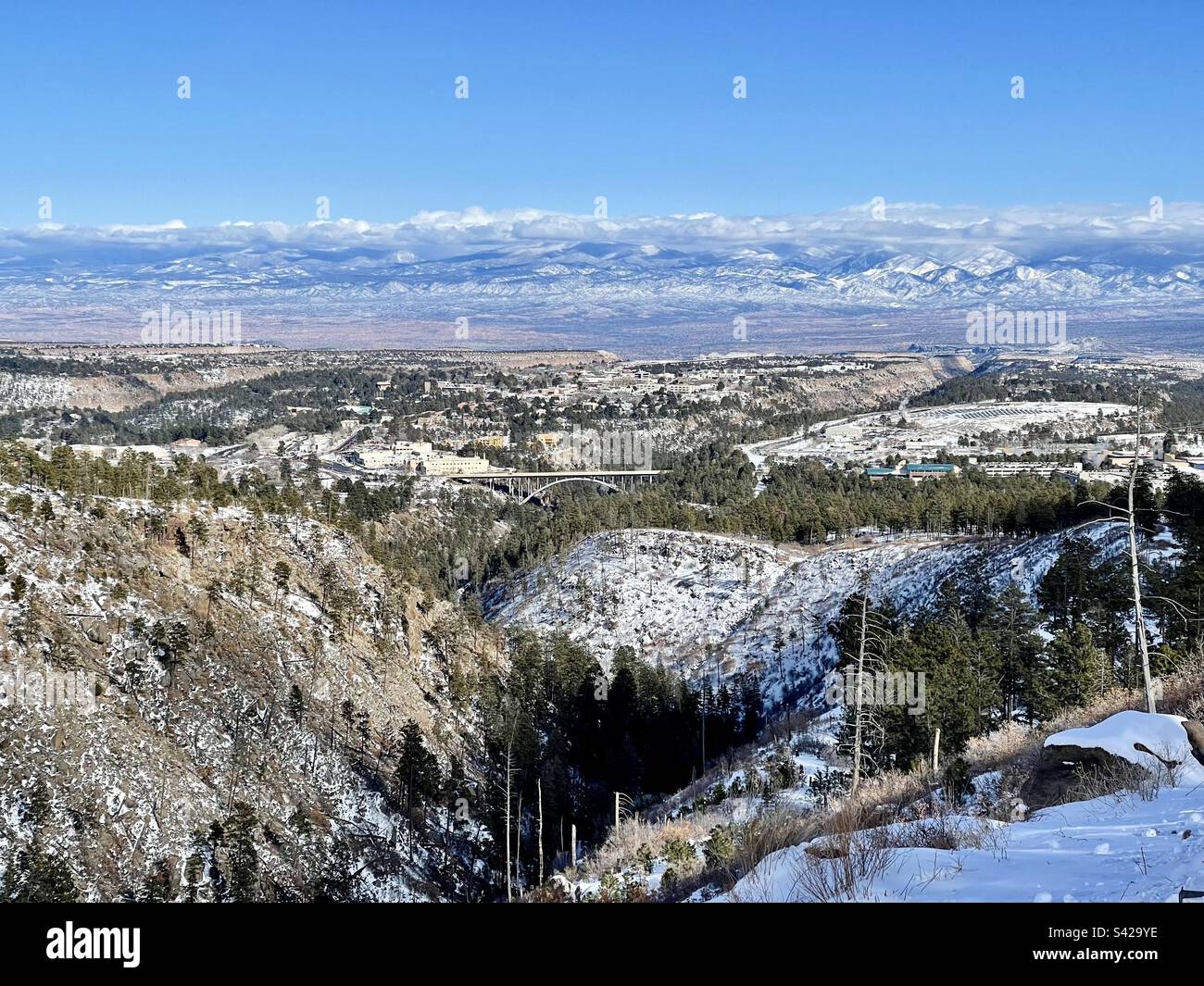 Los Alamos, New Mexico viewed from the Camp May Road in winter Stock