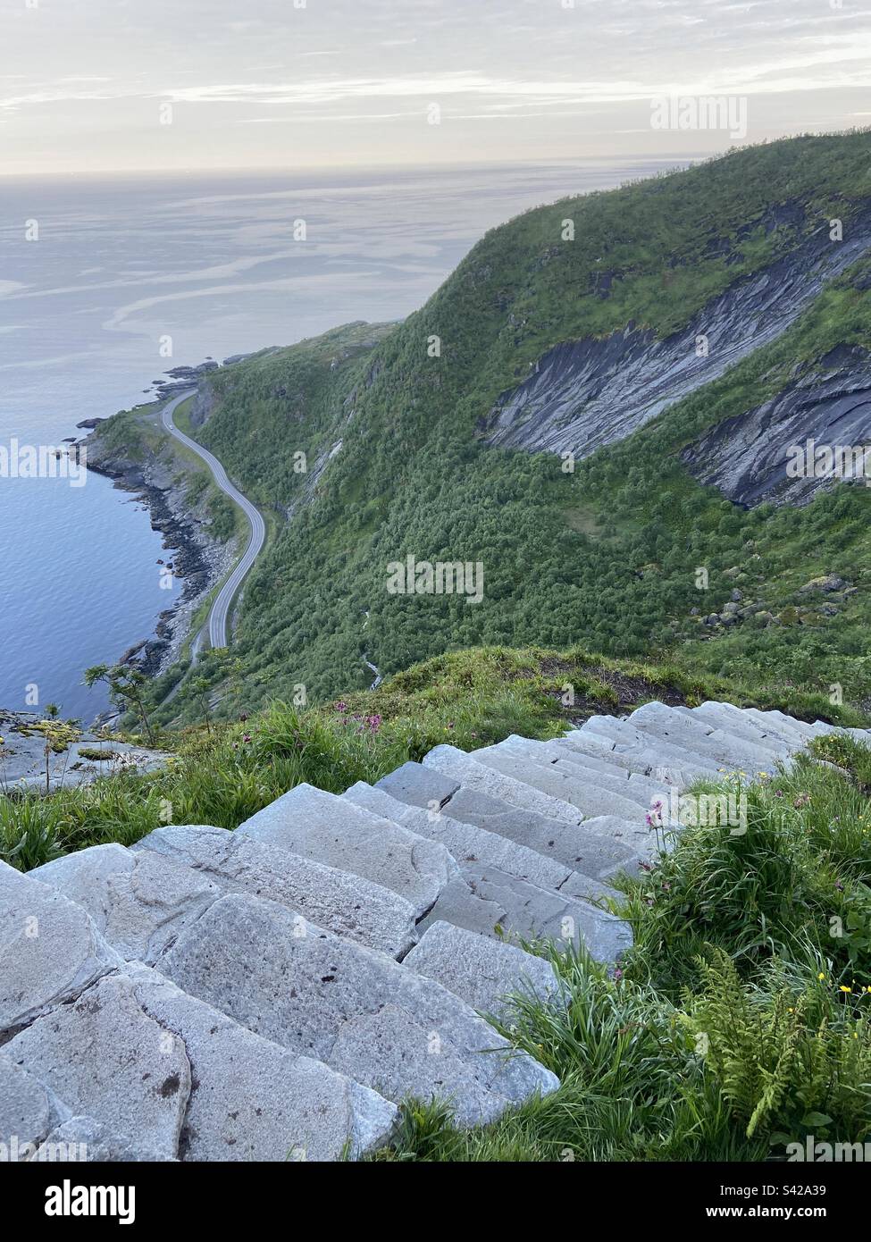 Stairs down from Reinebringen, Lofoten islands on a clear summer night. - Smartphone Captured Stock Image