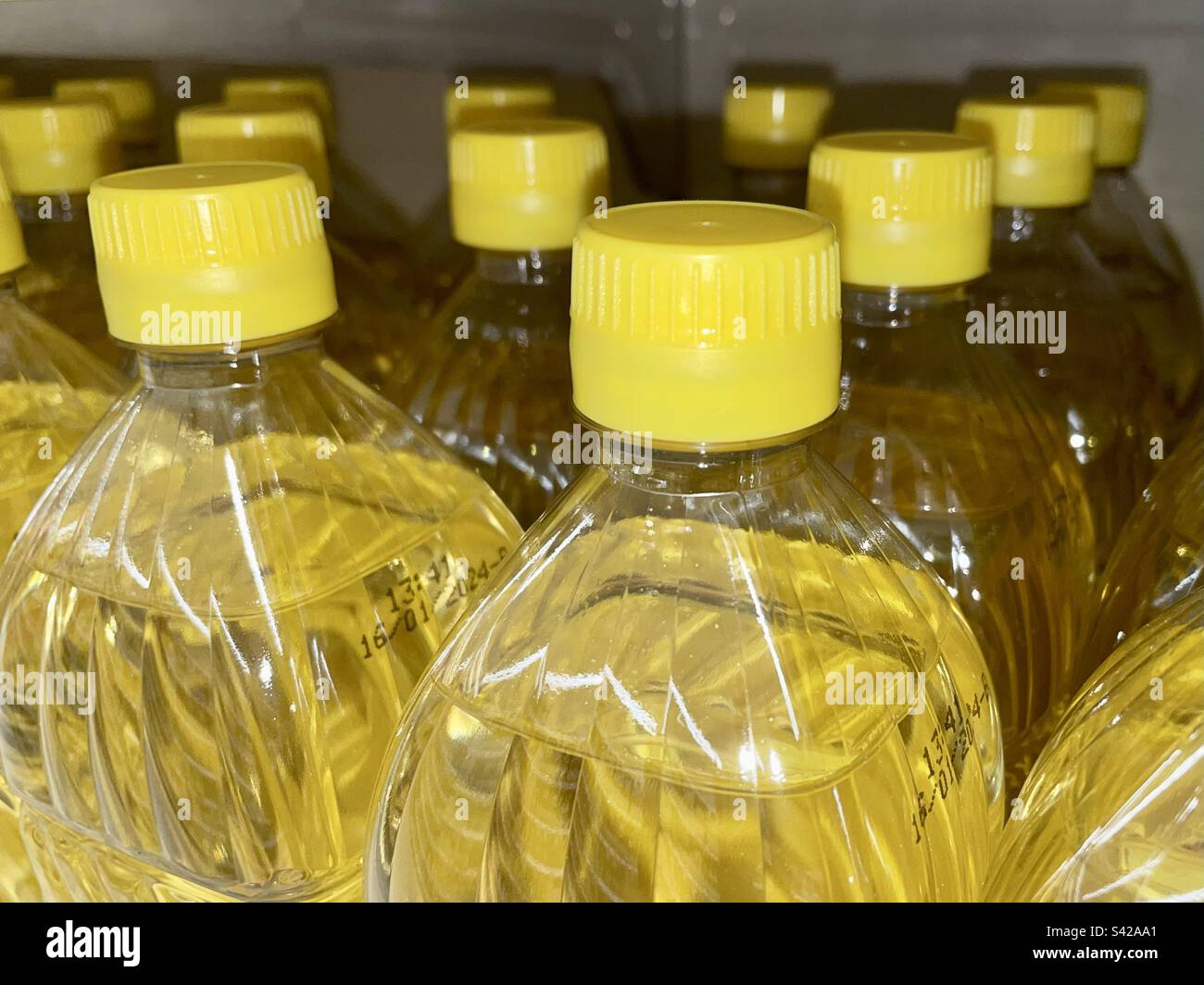 Yellow caps plastic bottles of yellow seed oil on market shelf Stock Photo