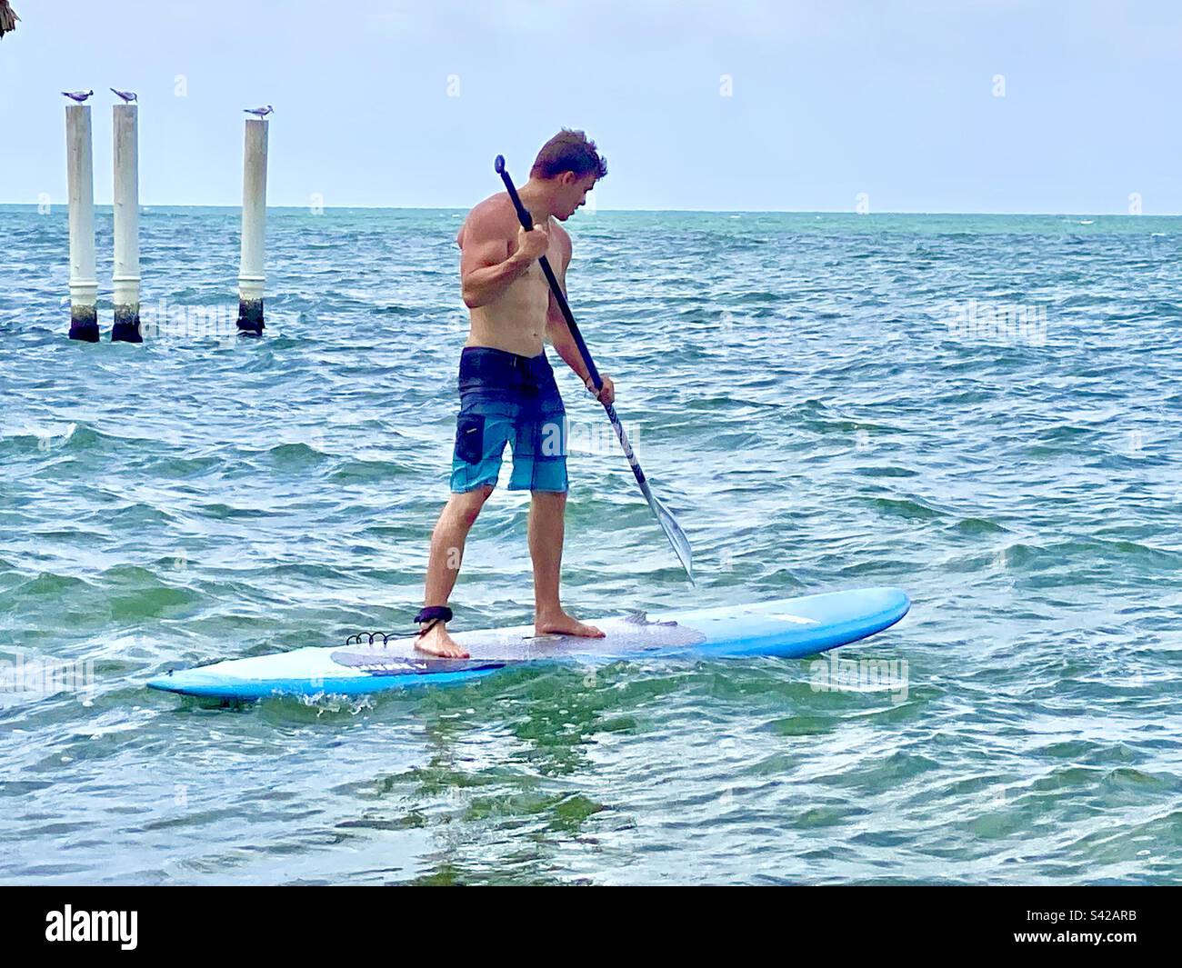 Young, fit man standup paddle boarding on the Atlantic Ocean off the