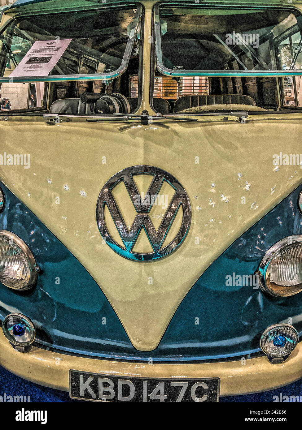 Close Up in the front of a 1965, VW Micro Bus, at the 2023, London Classic Car Show, Olympia - Smartphone Captured Stock Image