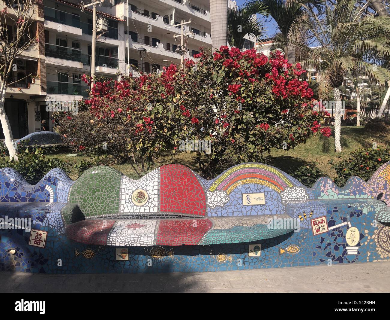 Mosaic seating in a public park in Puerto Vallarta, Mexico Stock Photo