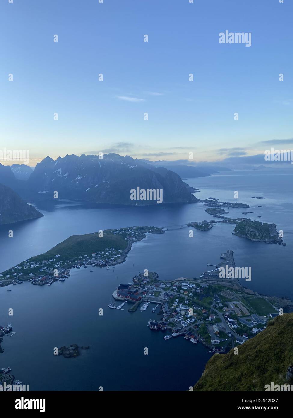 View from Reinebringen to the islands and Reine village in Lofoten islands, Norway on a summer night. - Smartphone Captured Stock Image