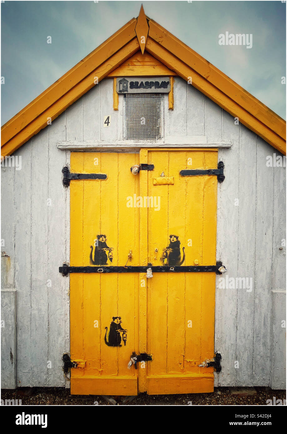 Banksy-styled beach hut, Felixstowe, Suffolk. - Smartphone Captured Stock Image