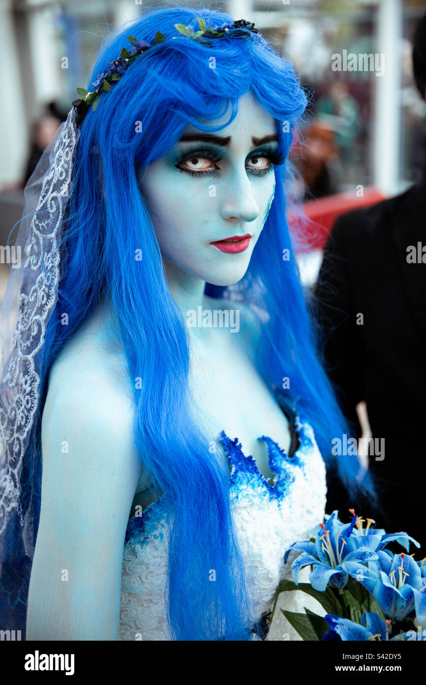 A pretty girl cosplayer dressed as Tim Burton Corpse Bride at a comic con Stock Photo