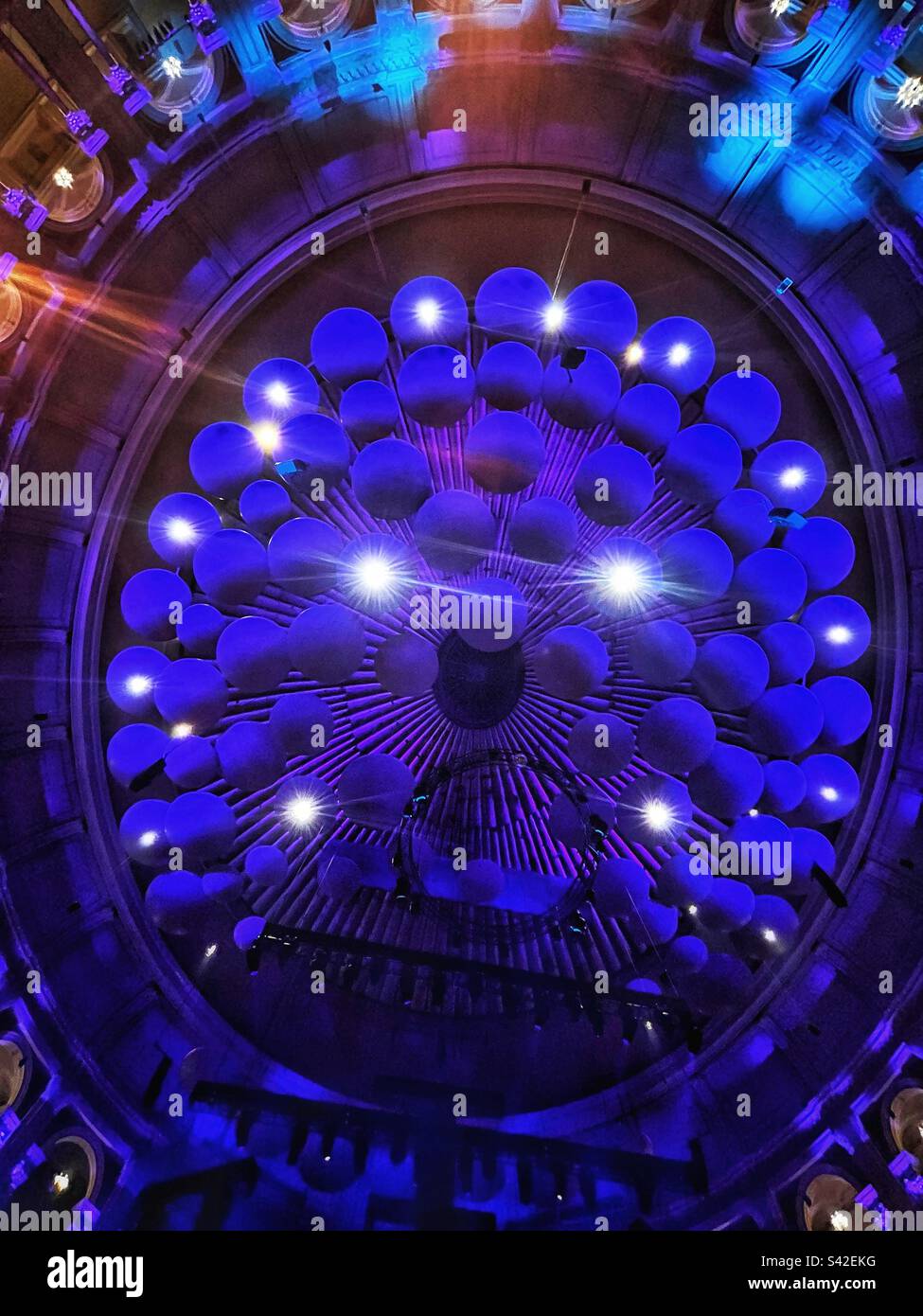 The ceiling of the Royal Albert Hall with fibreglass acoustic diffusers nicknamed ‘mushrooms’ improve the quality of sound especially orchestral performances - there were over 100 now reduced to 85 - Smartphone Captured Stock Image