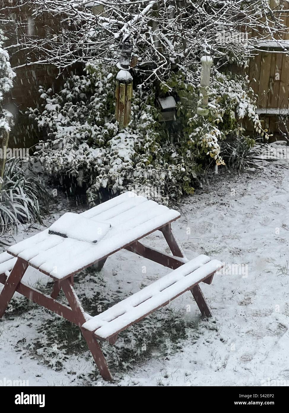 Garden bench in spring snow - Smartphone Captured Stock Image Garden bench in spring snow - Smartphone Captured Stock Image