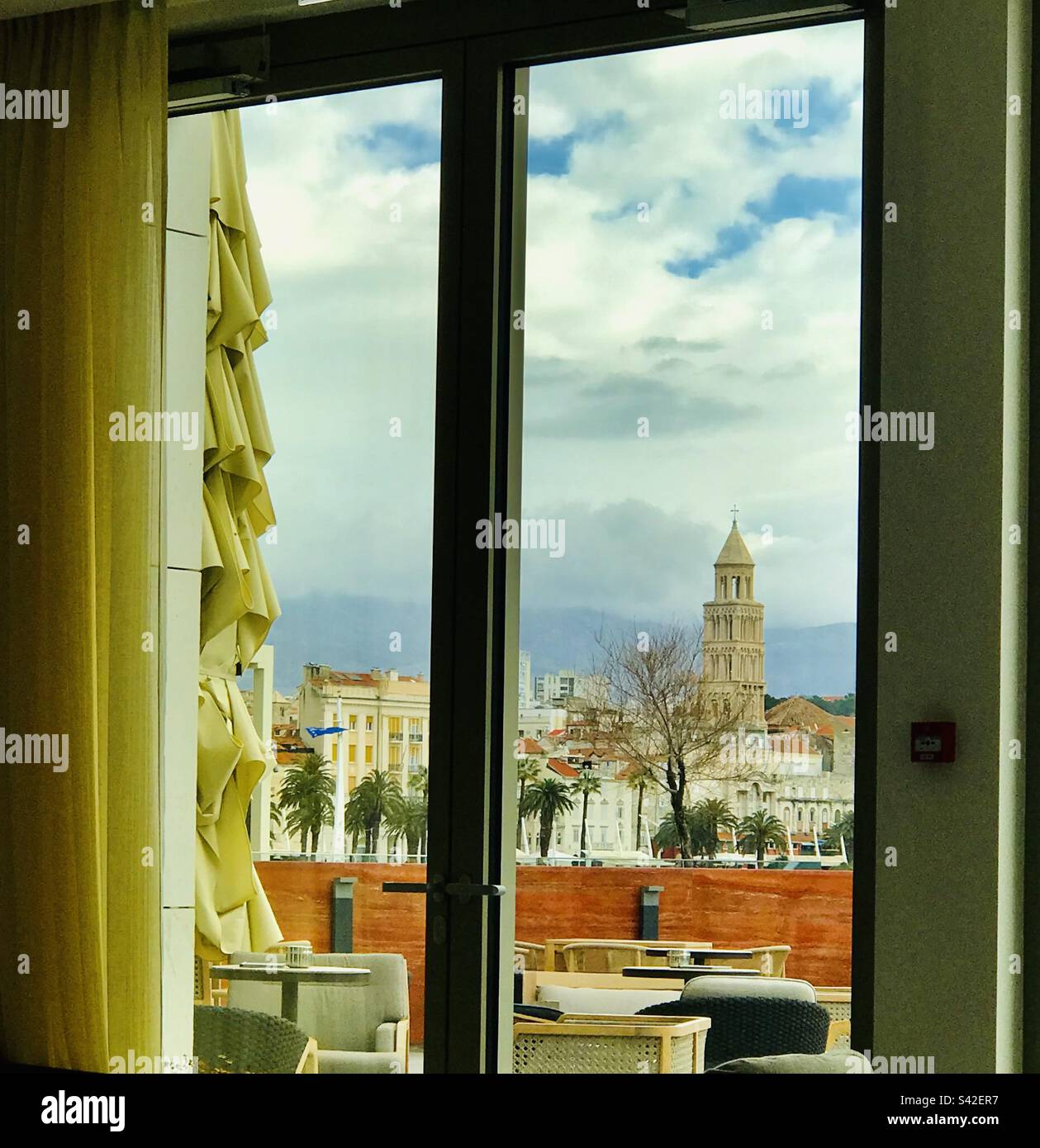 A view from Ambassador hotel to the centre of Split, Croatia with the tower of St. Doimus cathedral Stock Photo