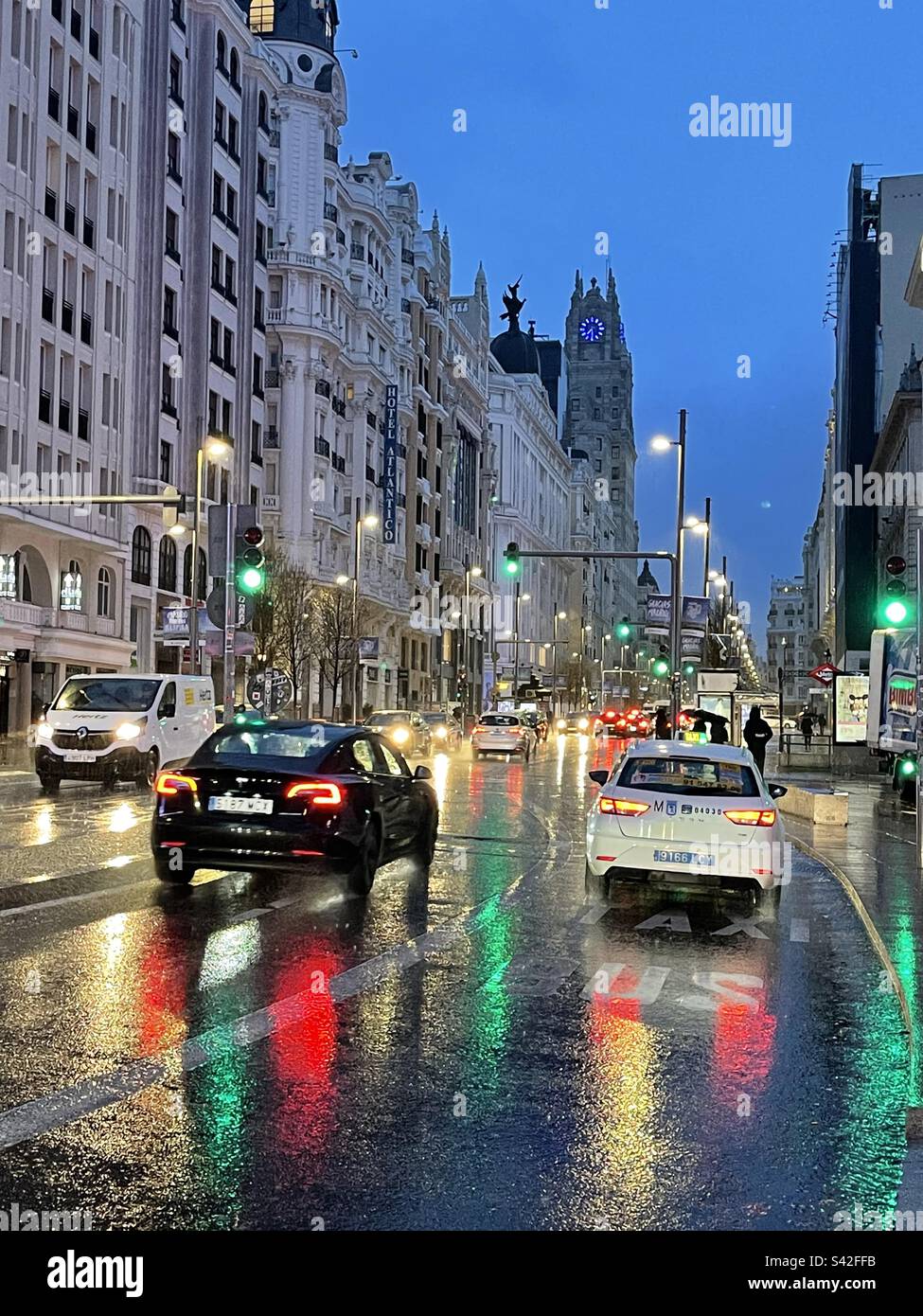 Gran Vía street in a rainy night. Madrid, Spain Stock Photo