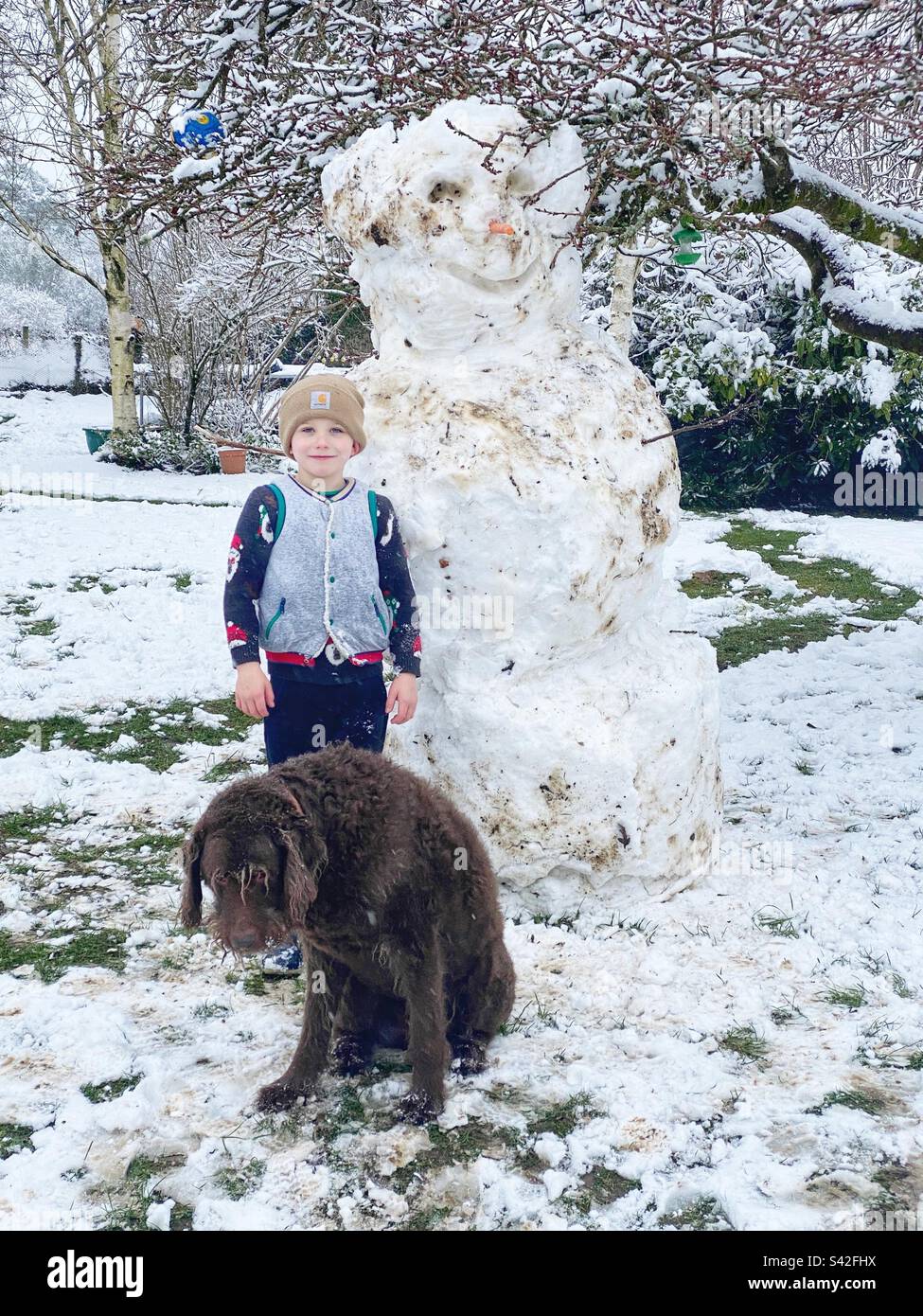 Six year old boy with his pet labradoodle dog in the snow. Hampshire, England, United Kingdom. - Smartphone Captured Stock Image