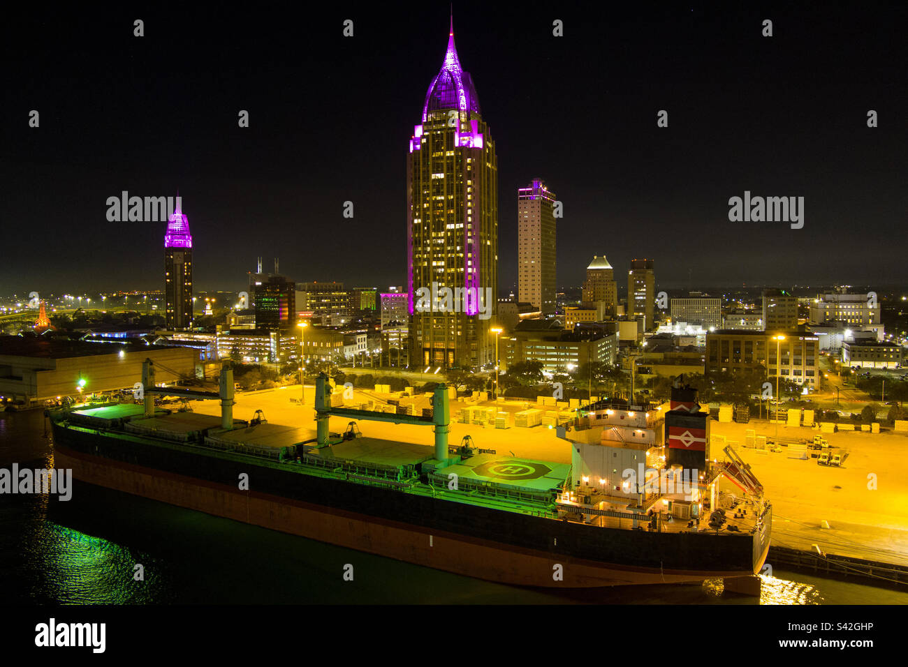Mobile, Alabama waterfront at night - Smartphone Captured Stock Image