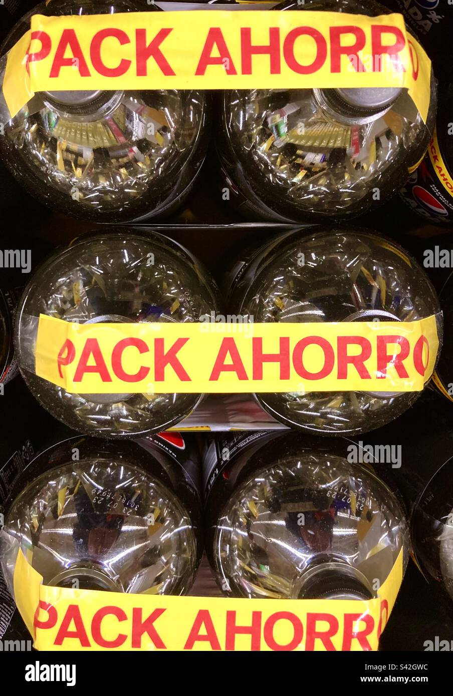 Top down view of value packs of Pepsi in a Spanish supermarket - Smartphone Captured Stock Image