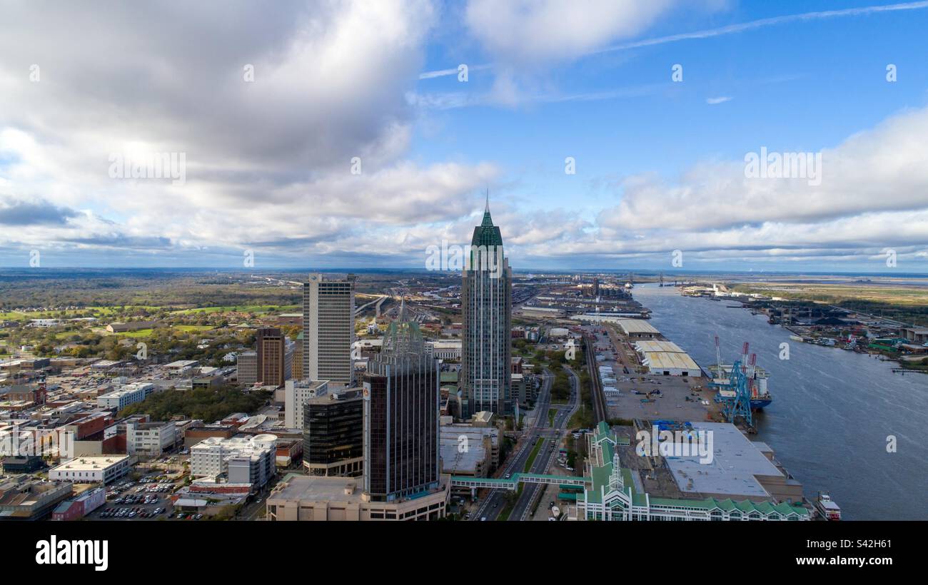 Aerial view of downtown Mobile, Alabama and the Mobile River - Smartphone Captured Stock Image