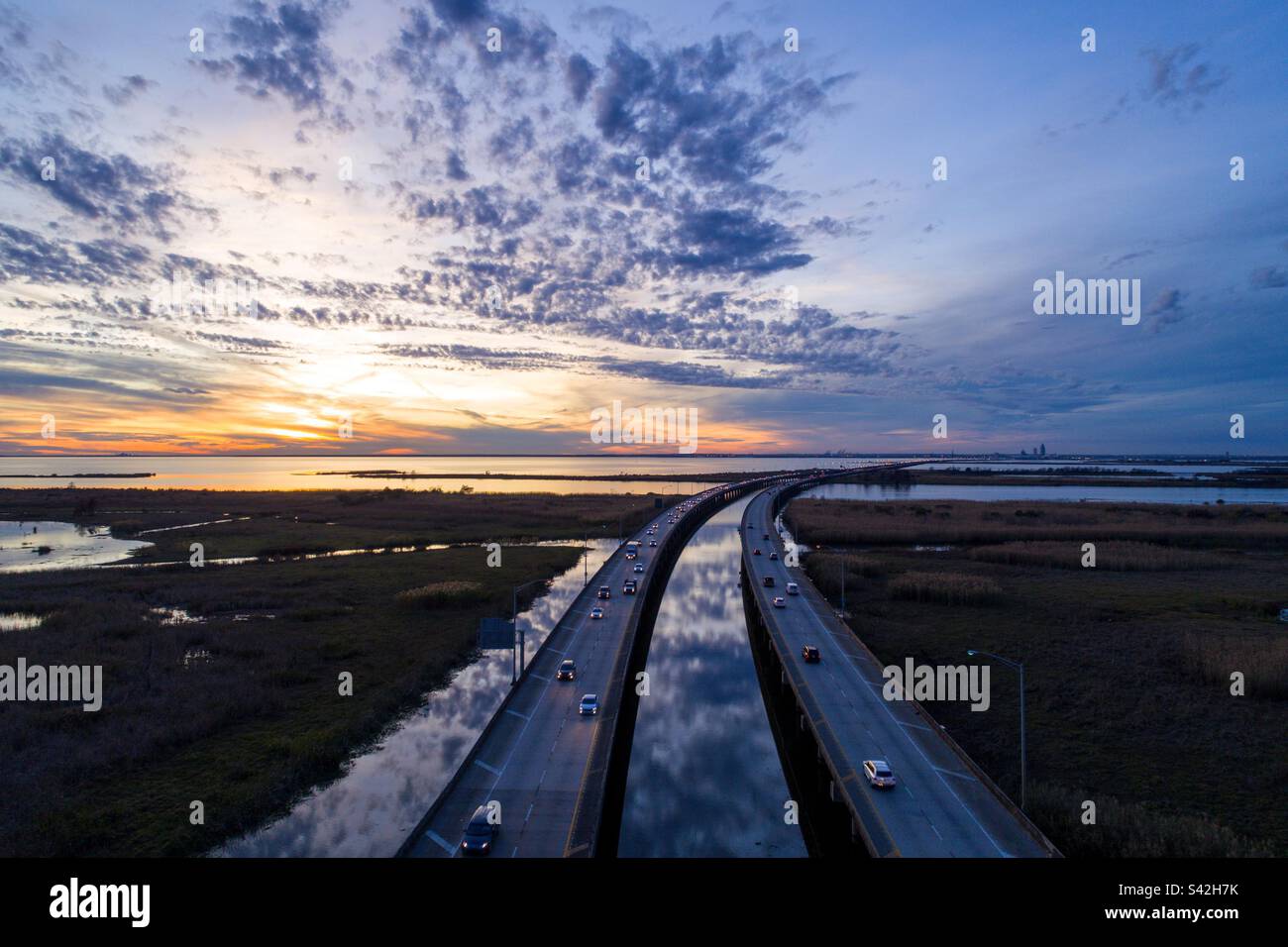Aerial view of the interstate bridge on Mobile Bay at sunset - Smartphone Captured Stock Image
