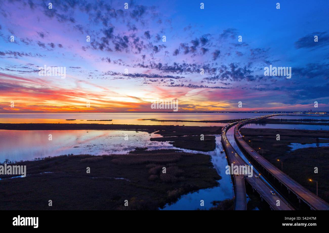 Colorful sky at sunset over Mobile Bay - Smartphone Captured Stock Image