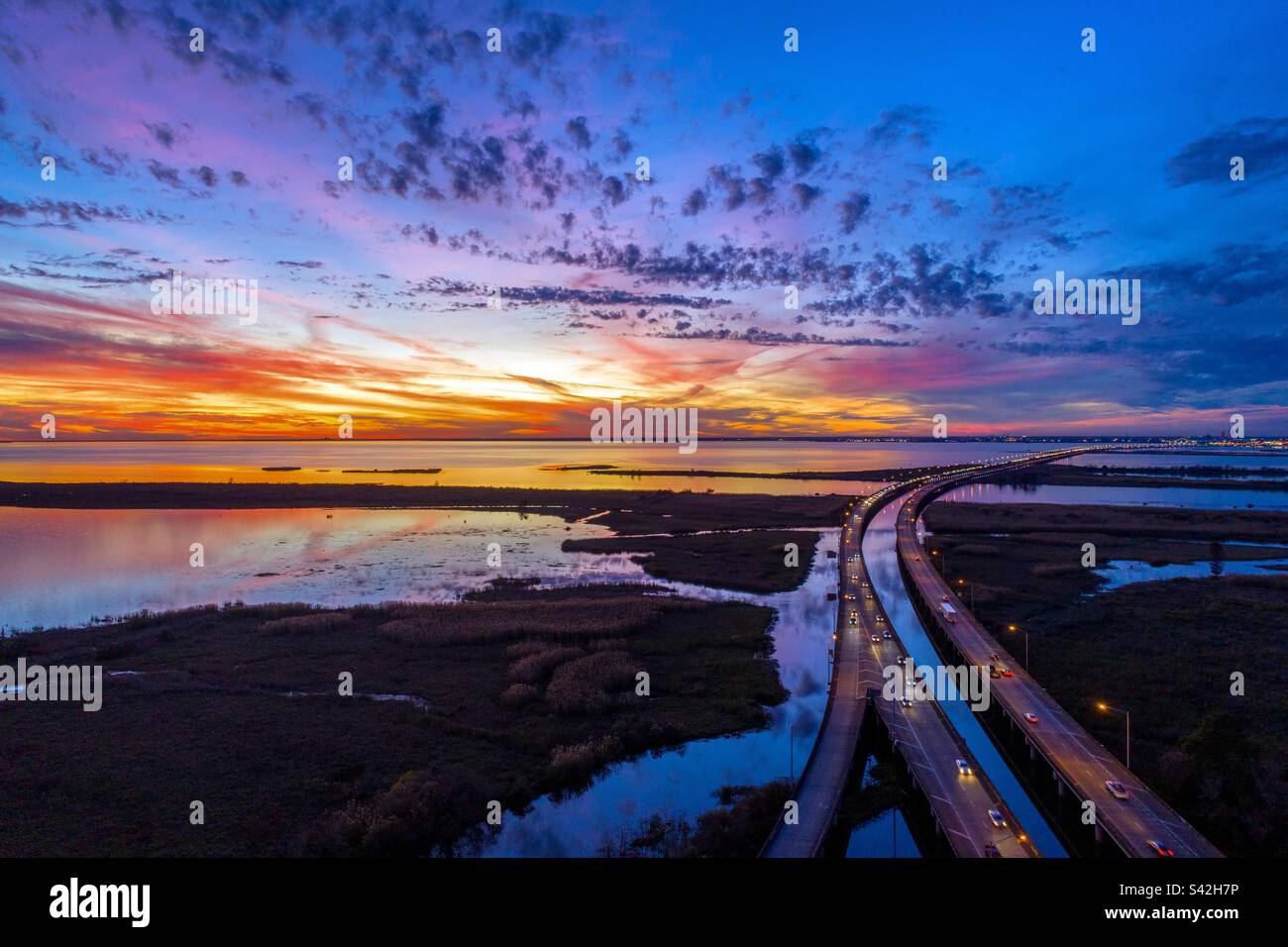 Pastel sky at sunset over Mobile Bay - Smartphone Captured Stock Image
