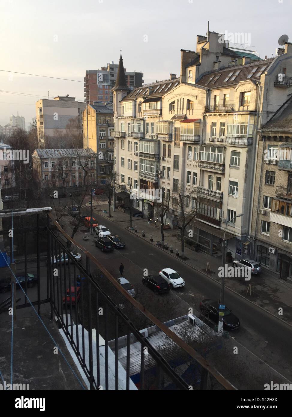 Kiev street view from residential balcony. Kyiv Oblast, Ukraine. January 2020. Stock Photo