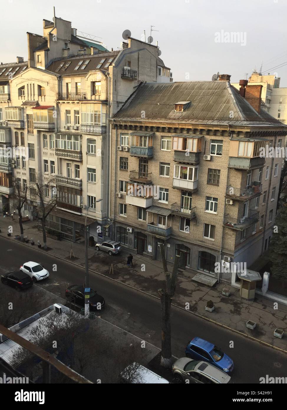 Kiev street view from residential balcony. Kyiv Oblast, Ukraine. January 2020. Stock Photo