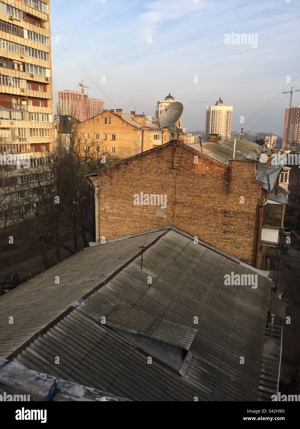 Kiev street view from residential balcony. Kyiv Oblast, Ukraine. January 2020. Stock Photo