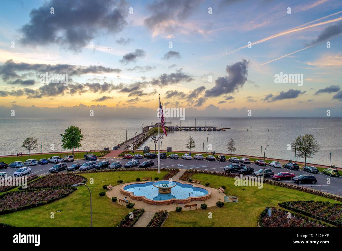 Aerial view of the Fairhope, Alabama waterfront at sunset Stock Photo