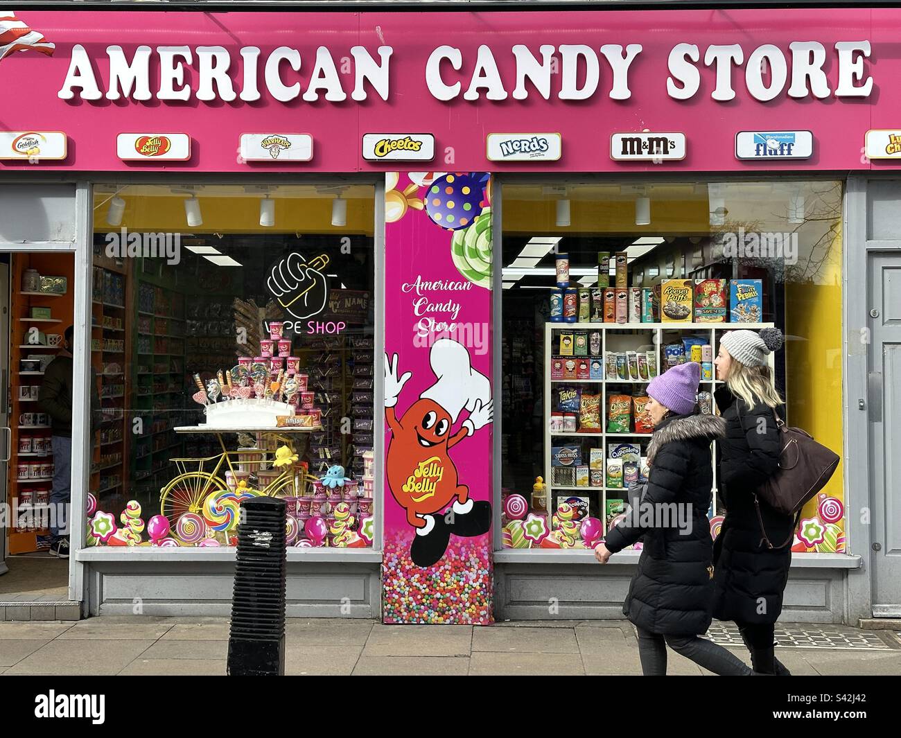 Facade of American candy store on Market Street in Cambridge, UK - Smartphone Captured Stock Image