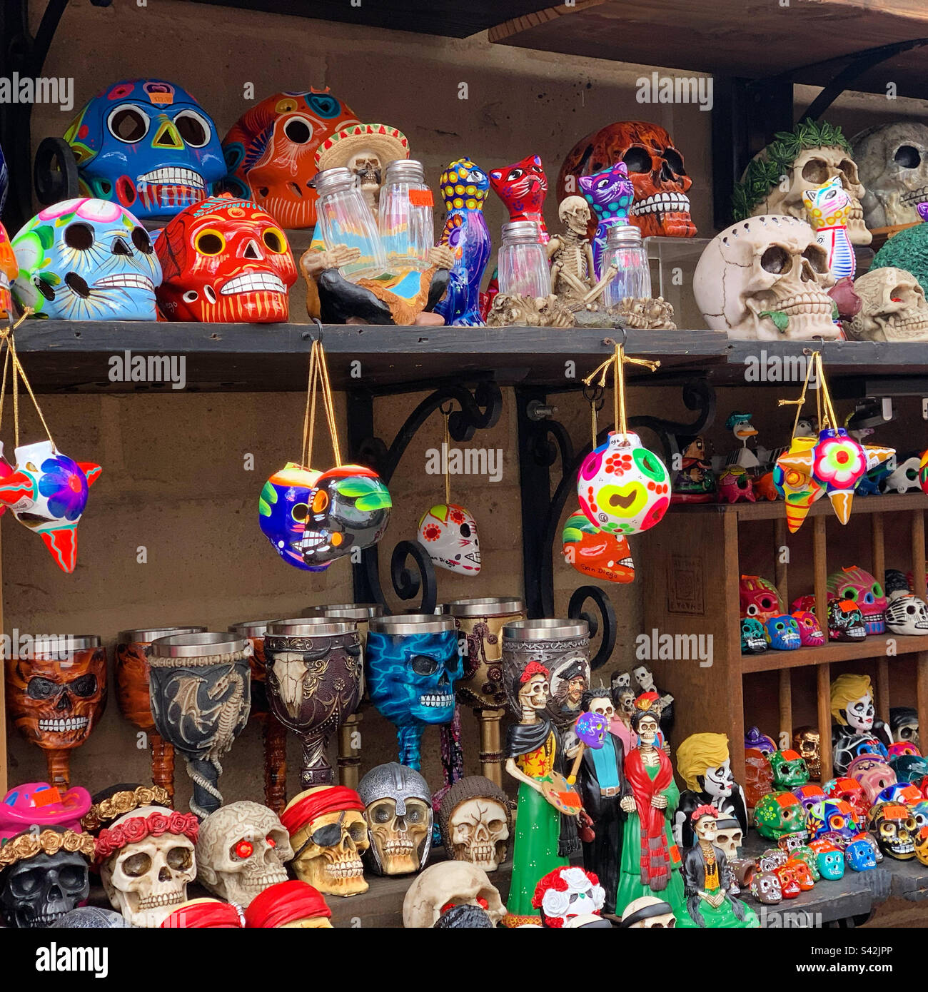 Day of the Dead figures, La Paloma Market, Old Town, San Diego, California, United States - Smartphone Captured Stock Image