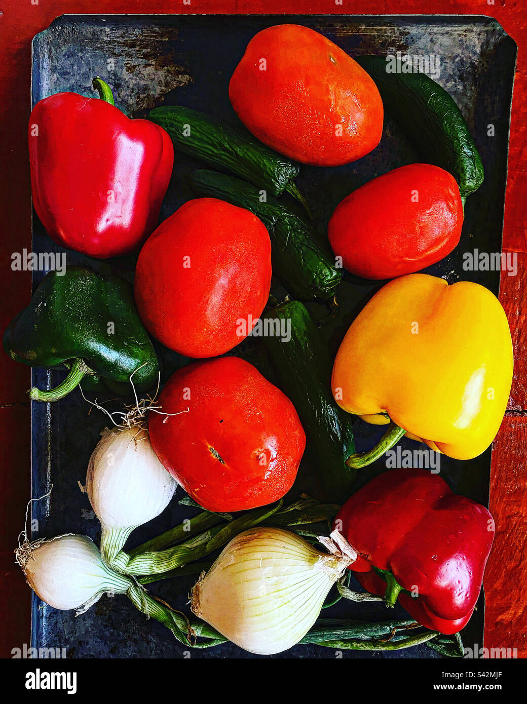 Green, yellow and red sweet peppers, onions, green chillis and tomatoes ready to be grilled in Queretaro, Mexico - Smartphone Captured Stock Image