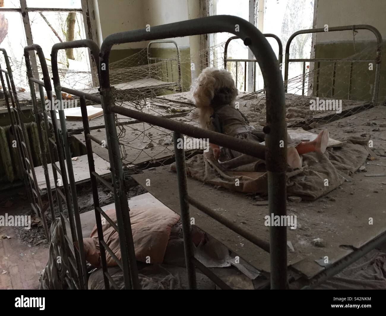 Chernobyl exclusion zone, abandoned children’s nursery/kindergarten, Kiev/Kyiv Oblast, Ukraine. January 2020. Stock Photo