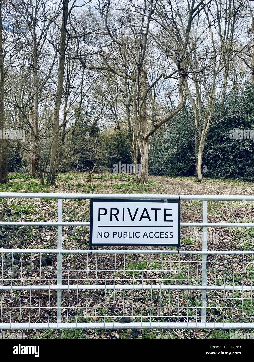A private no access sign on a farm gate in the countryside in Hertfordshire in England - Smartphone Captured Stock Image