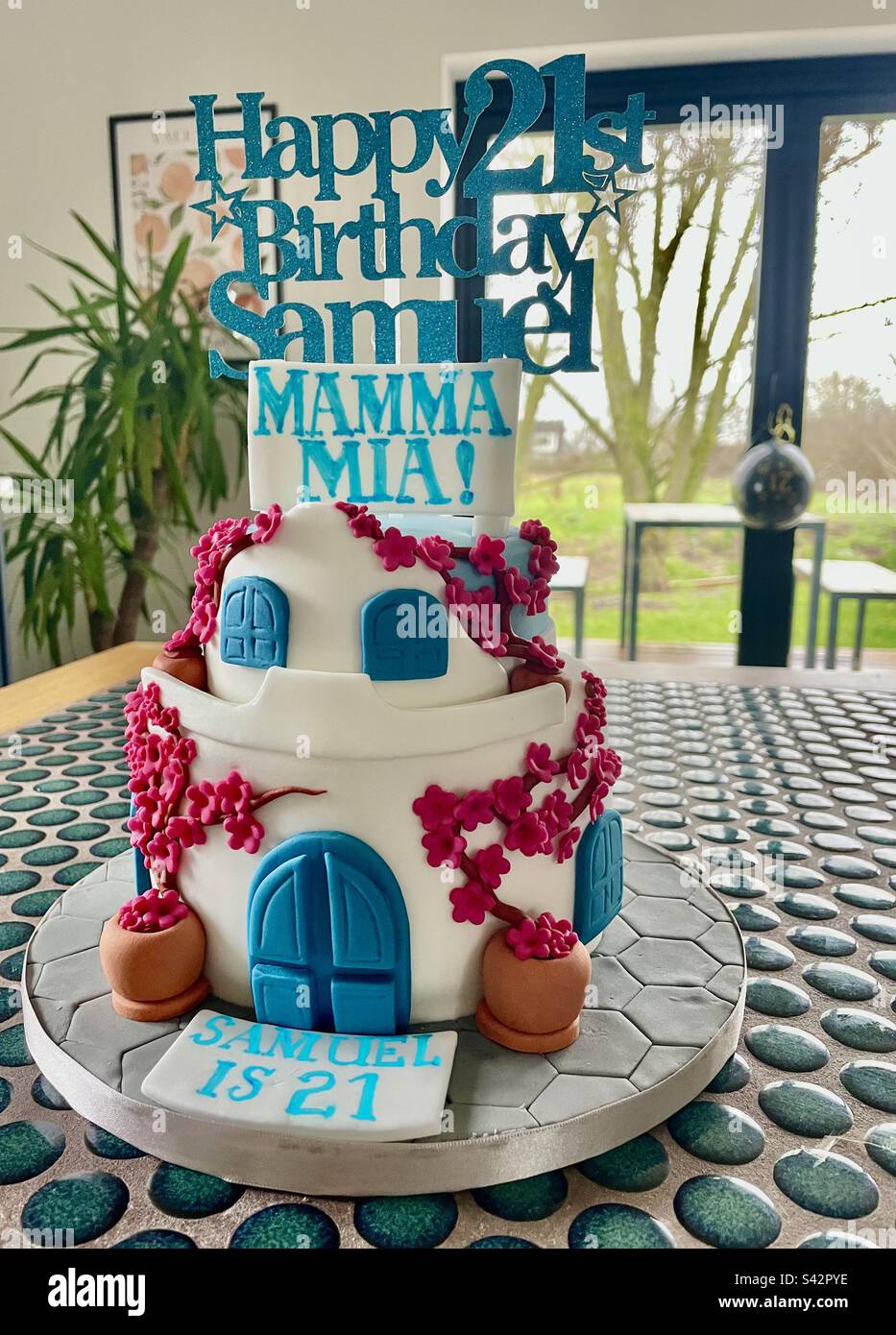 Mamma Mia theme birthday cake for 21st Birthday. Stock Photo