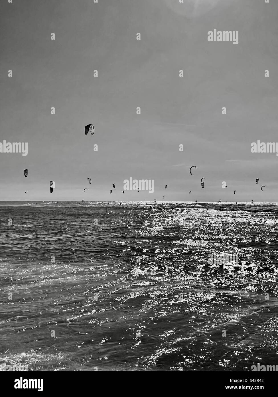 Kite Surfing frenzy on a windy day on the Atlantic coast. South west of France Stock Photo
