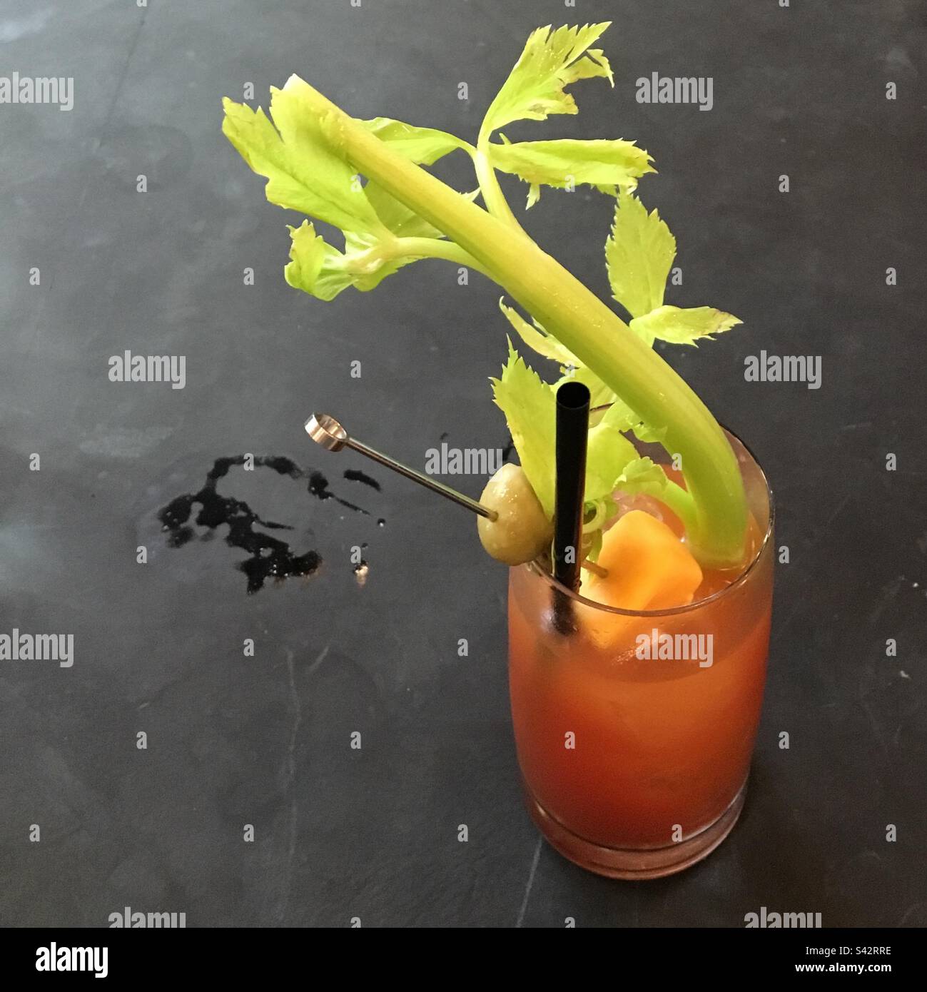 Bloody Mary’s cocktail with a leafy celery stick Stock Photo Alamy