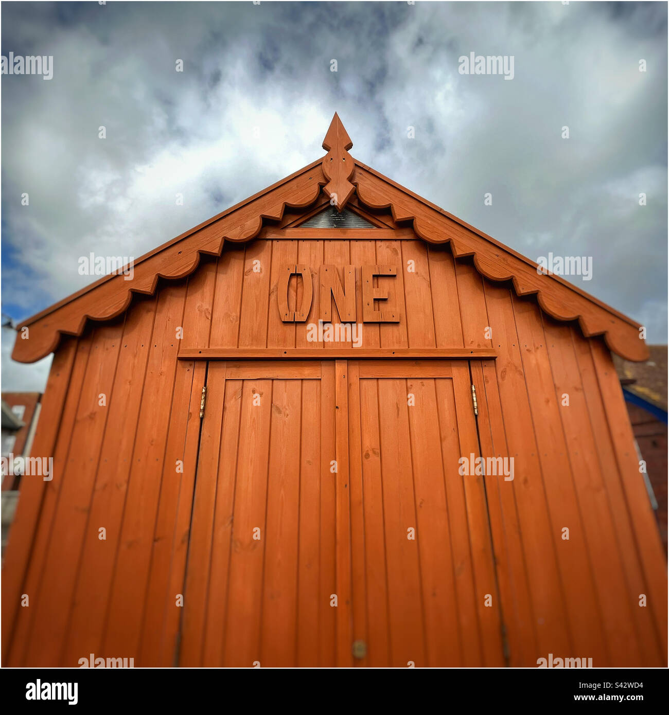 Beach hut number 1 on Felixstowe seafront - Smartphone Captured Stock Image